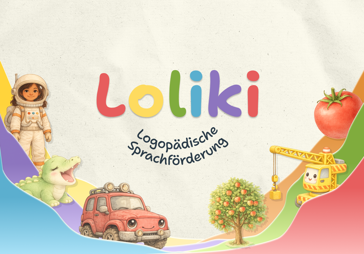 Loliki – Logopädische Sprachförderung: gezeichnete Figuren, ein rotes Auto, ein Apfelbaum und ein Kran auf bunten Wellen